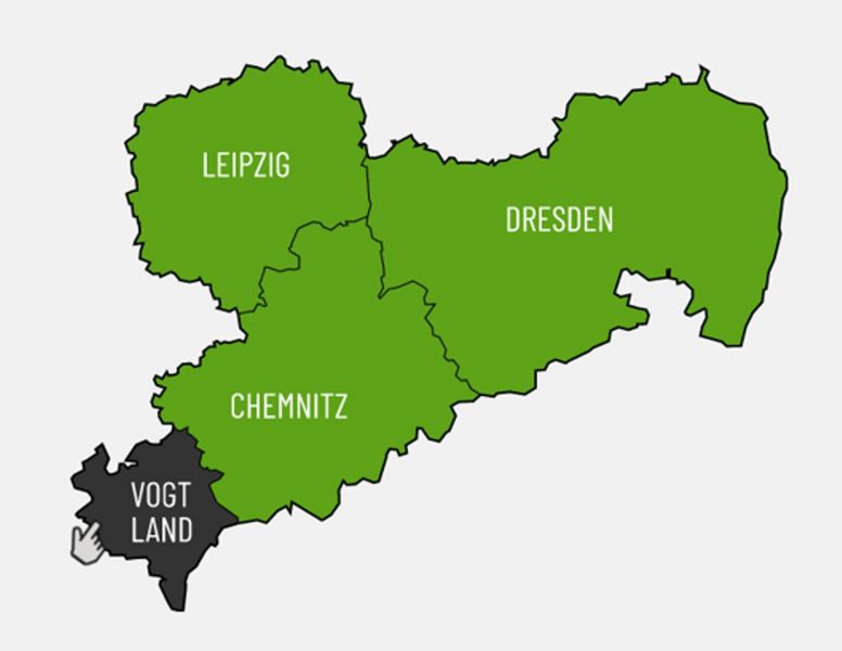 Eine Karte mit den ehemaligen drei Regierungsbezirken und dem herausgehobenen Vogtlandkreis