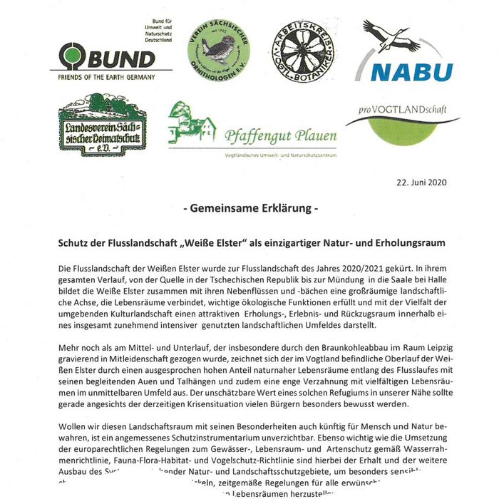 Faksimile der Erklärung von Naturschutzverbänden zum Schutz der Flusslandschaft "Weiße Elster" im Vogtland