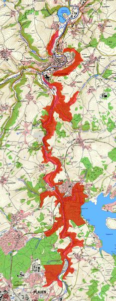 Eine Übersichtskarte mit den rot eingefärbten Flächen des neuen Naturschutzgebietes "Elstersteilhänge nördlich von Plauen