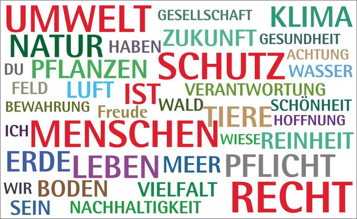 Eine Grafik mit Schlagworten ergibt den Satz "Umwelschutz ist Menschenrecht".