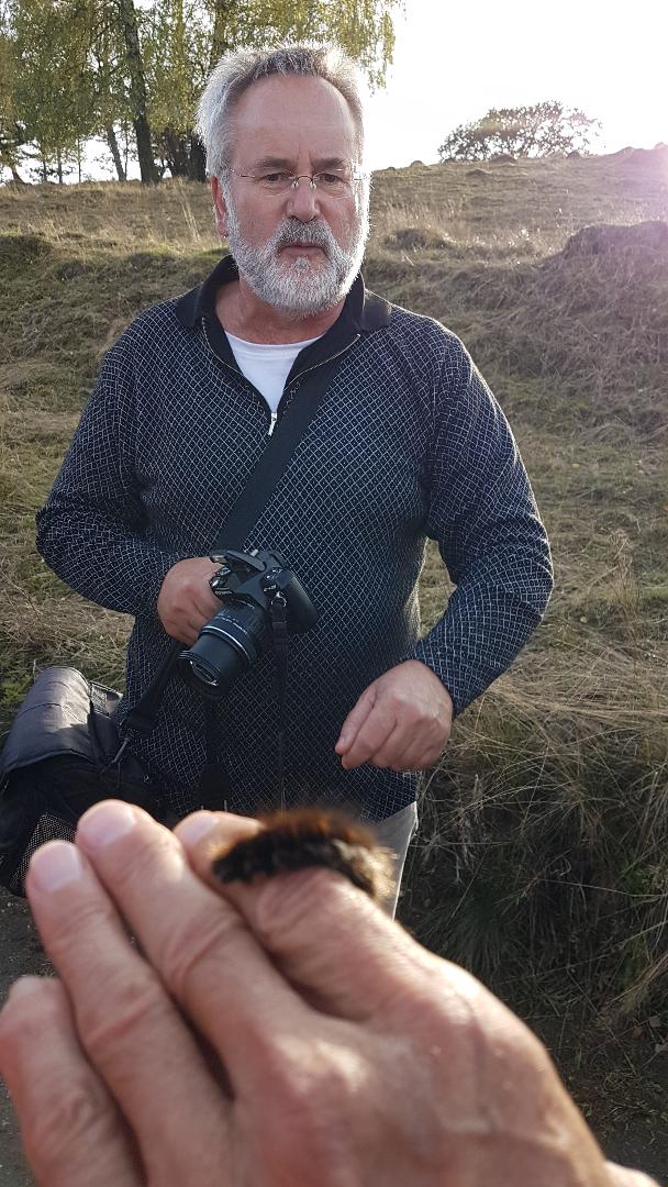 Ein Fotograf und eine Schmetterlingsraupe auf einer Hand