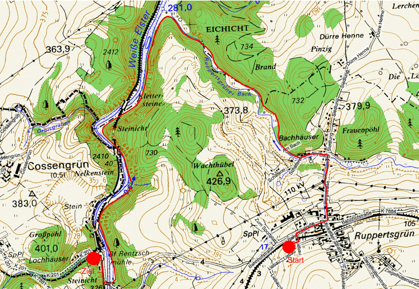 Karte mit Wandervorschlag durch das Steinicht bei Plauen